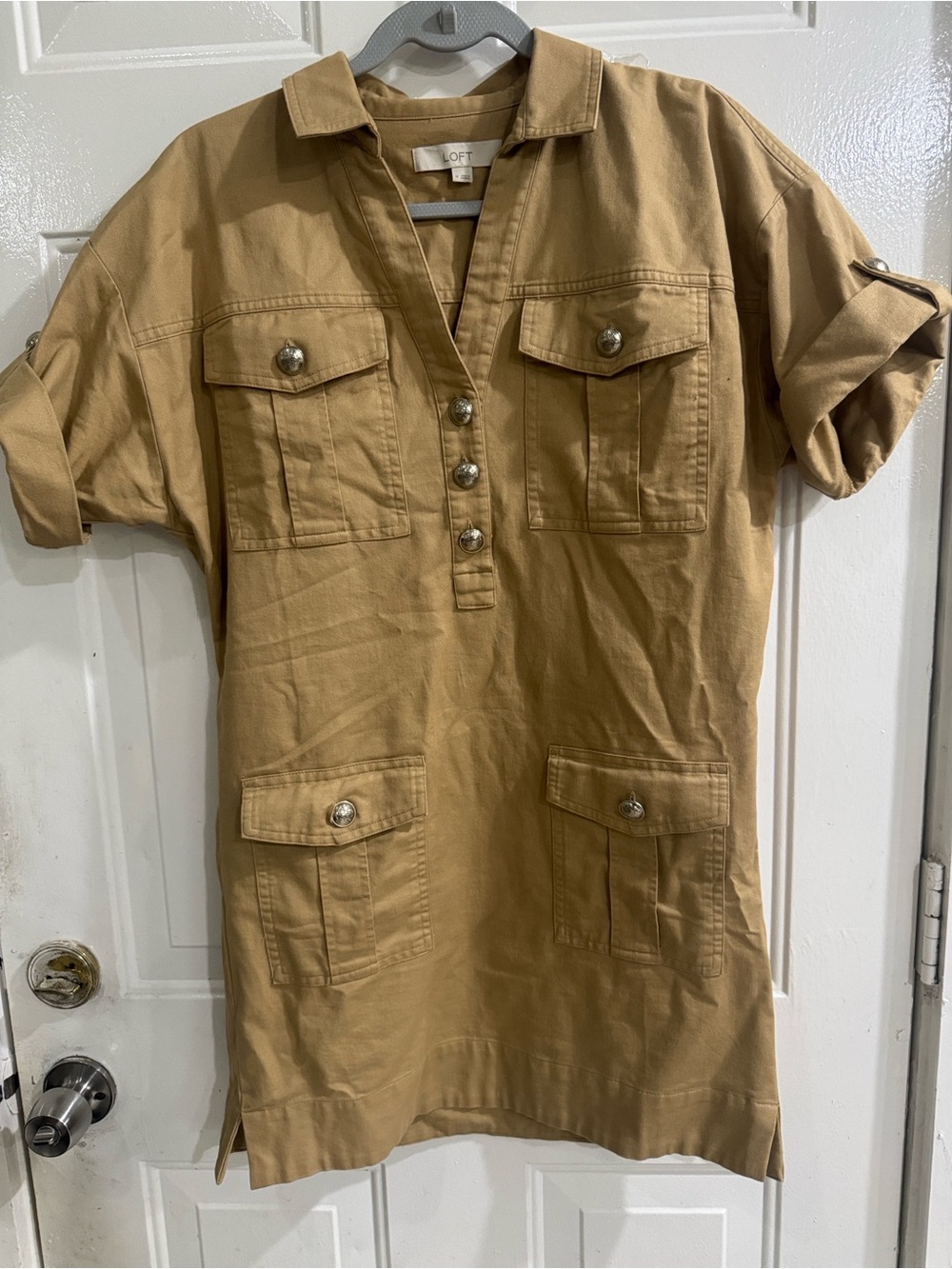 LOFT Beige Utility Shirt Dress with Short Sleeves - Picture 8 of 8